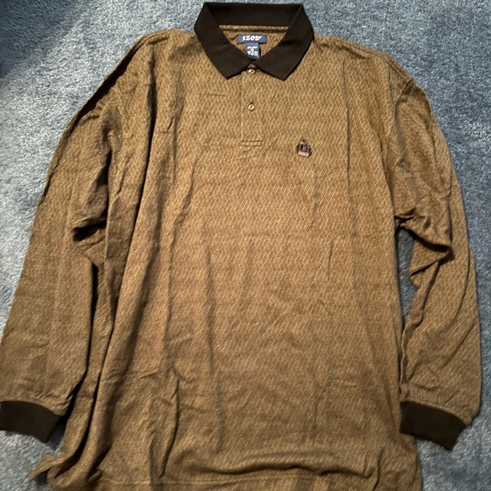 Izod Brown Long Sleeve Polo Shirt with Contrast Collar